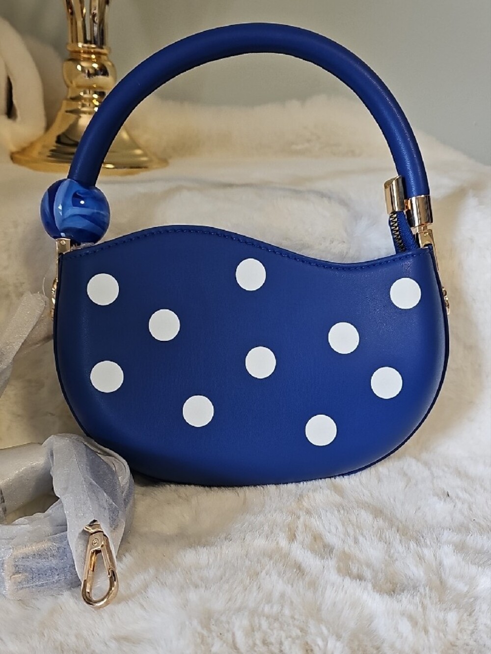 NEW! Melie Bianco Jennie Blue and White Polka Dot Top-Handle Bag - Picture 6 of 9